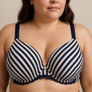 Cacique Striped Padded Bra 46C‎ Underwire Full Coverage Lace Trim Plus Size Navy
